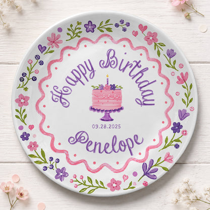 Floral Cake First Birthday Custom Name Keepsake Personalized Birthday Plate P826KAY0