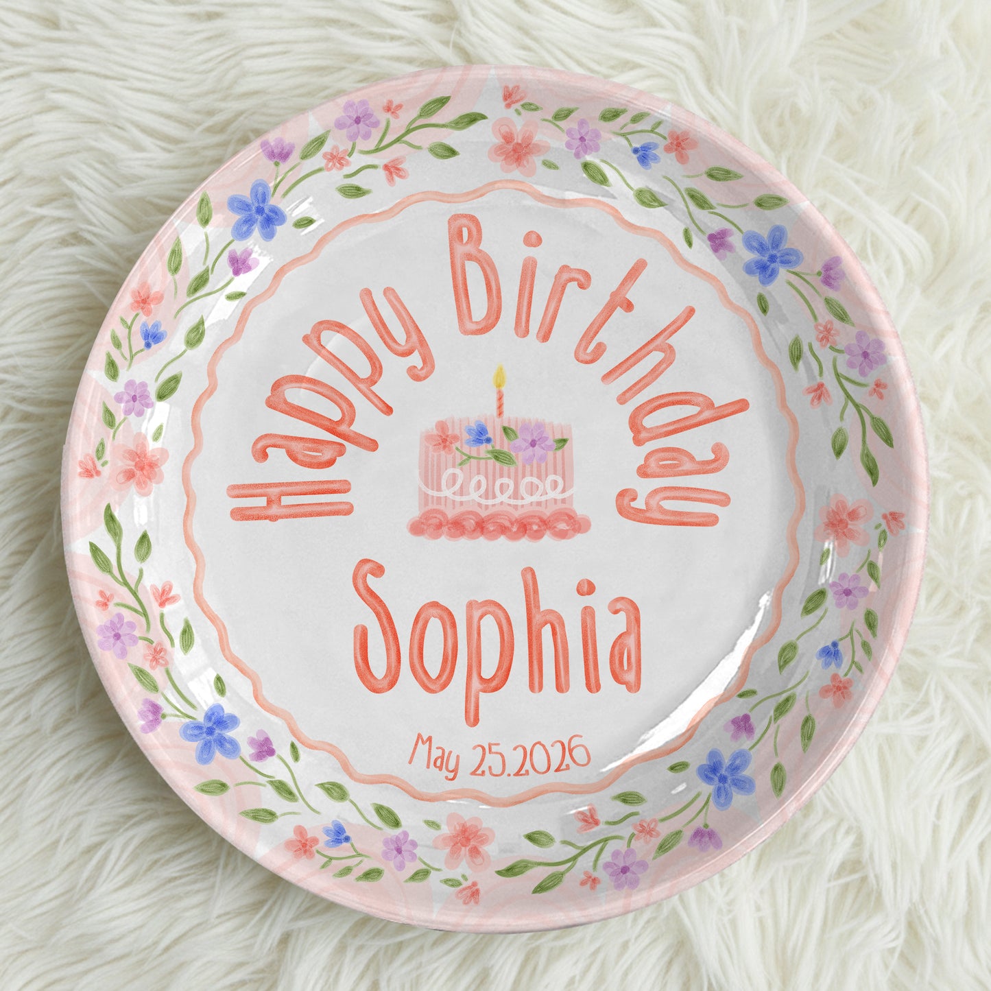 Soft Pink Floral Personalized Birthday Plate P425B2L0