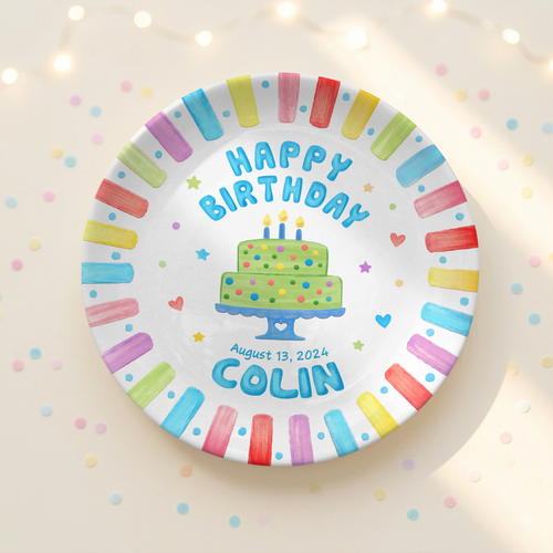 Colorful Rainbow Cake Kids Party Gift Keepsake Personalized Birthday Plate P814NZN0