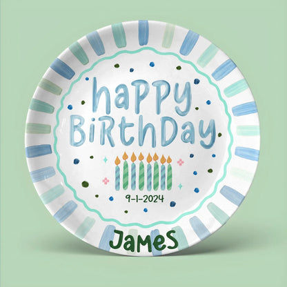 Blue Green Candles and Striped Border Personalized Birthday Plate P1024AQC0#2