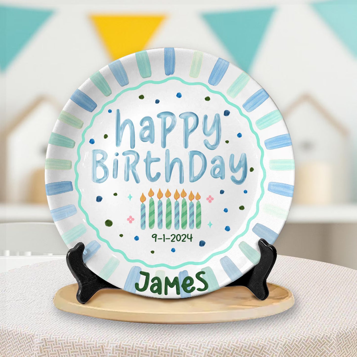 Blue Green Candles and Striped Border Personalized Birthday Plate P1024AQC0#2