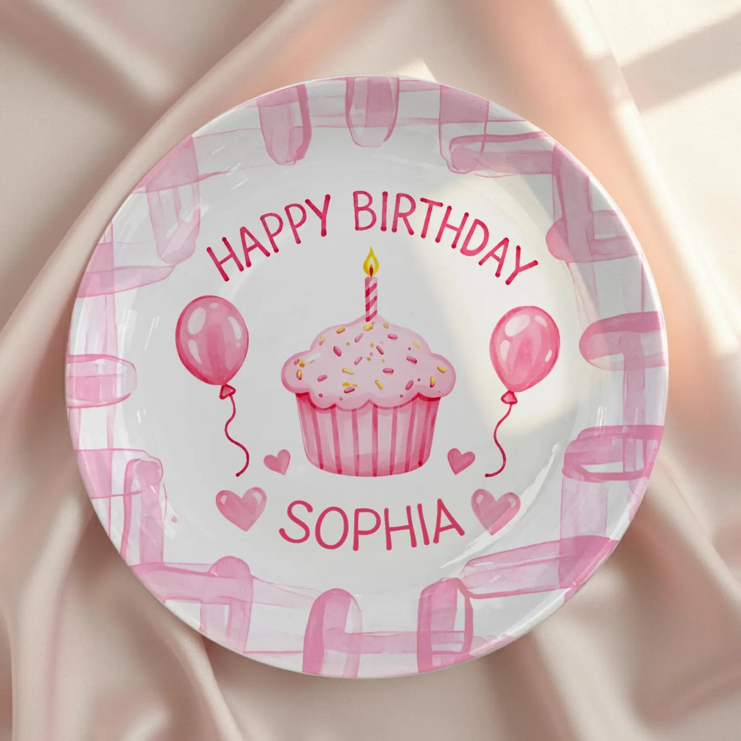 Cupcake with Pink Balloons and Hearts Personalized Birthday Plate P113CBY0