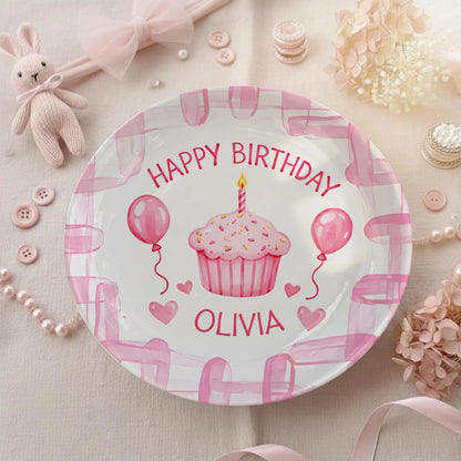 Cupcake with Pink Balloons and Hearts Personalized Birthday Plate P113CBY0