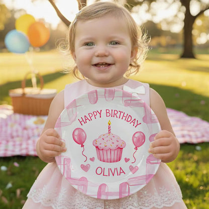 Cupcake with Pink Balloons and Hearts Personalized Birthday Plate P113CBY0