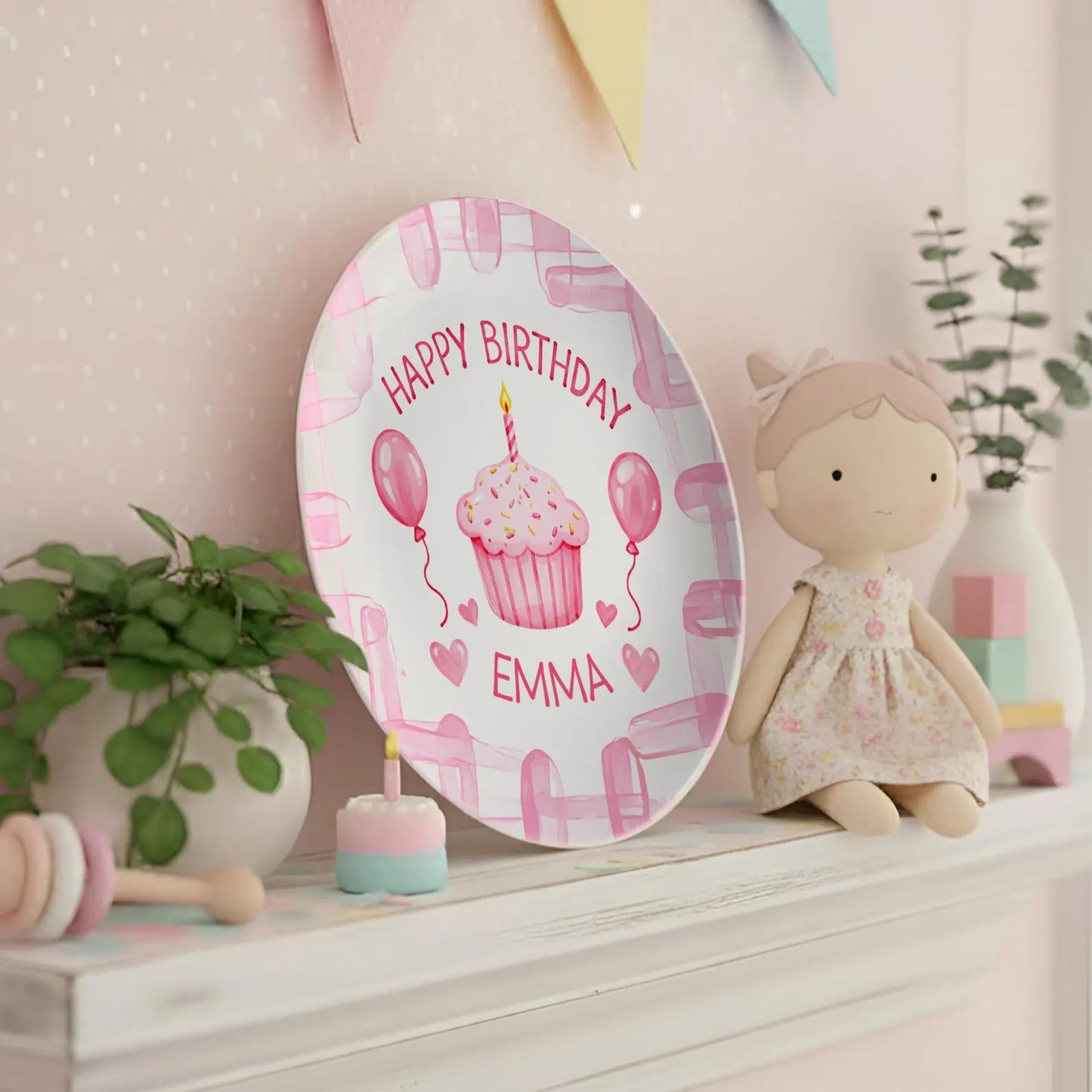 Cupcake with Pink Balloons and Hearts Personalized Birthday Plate P113CBY0