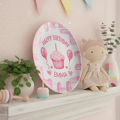 Cupcake with Pink Balloons and Hearts Personalized Birthday Plate P113CBY0
