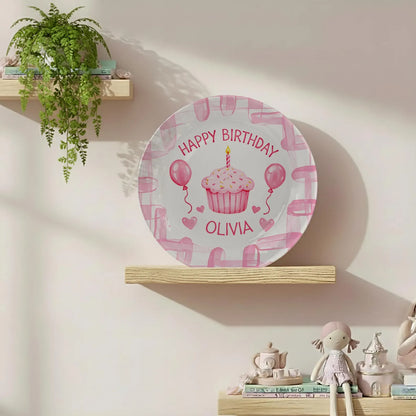 Cupcake with Pink Balloons and Hearts Personalized Birthday Plate P113CBY0