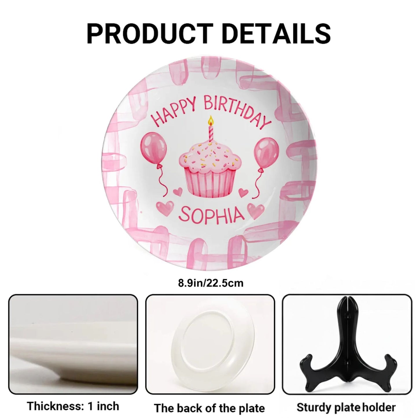 Cupcake with Pink Balloons and Hearts Personalized Birthday Plate P113CBY0