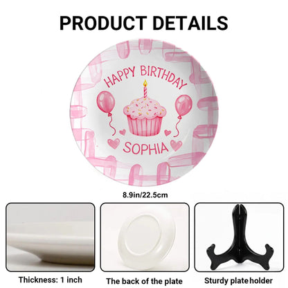 Cupcake with Pink Balloons and Hearts Personalized Birthday Plate P113CBY0