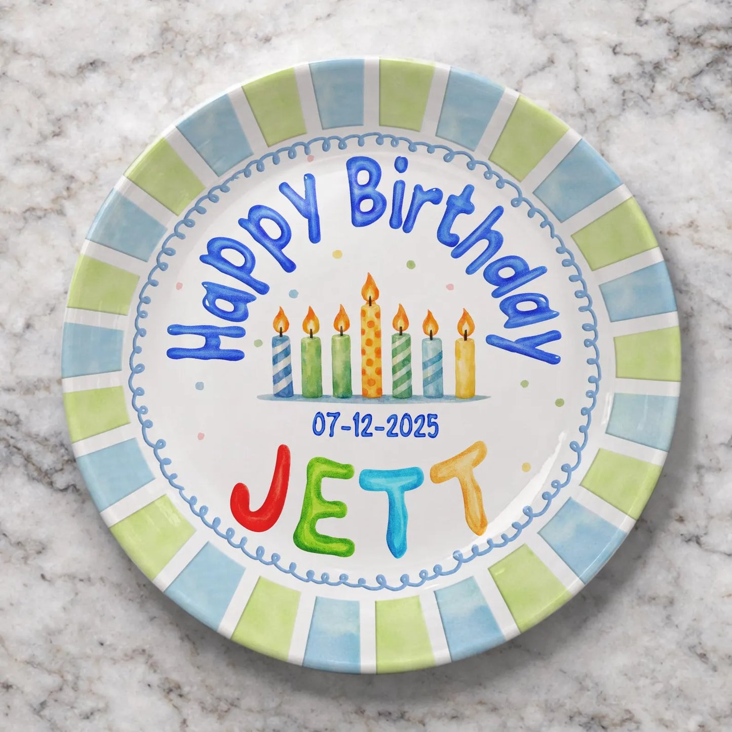 Candles with Blue and Green Block Border Personalized Birthday Plate P113RK30