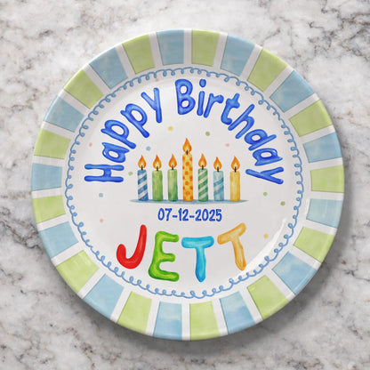 Candles with Blue and Green Block Border Personalized Birthday Plate P113RK30