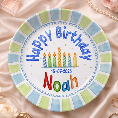 Candles with Blue and Green Block Border Personalized Birthday Plate P113RK30