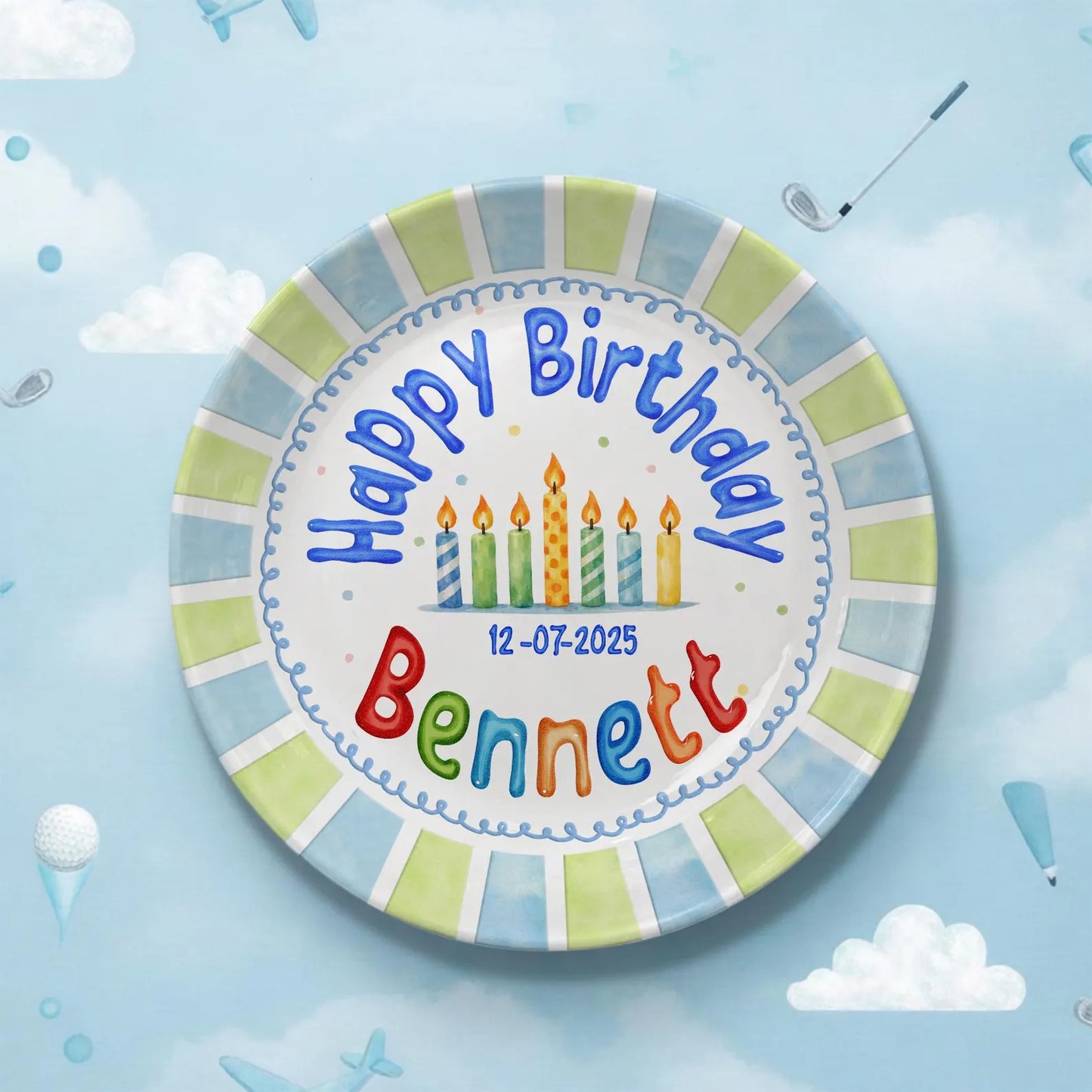 Candles with Blue and Green Block Border Personalized Birthday Plate P113RK30