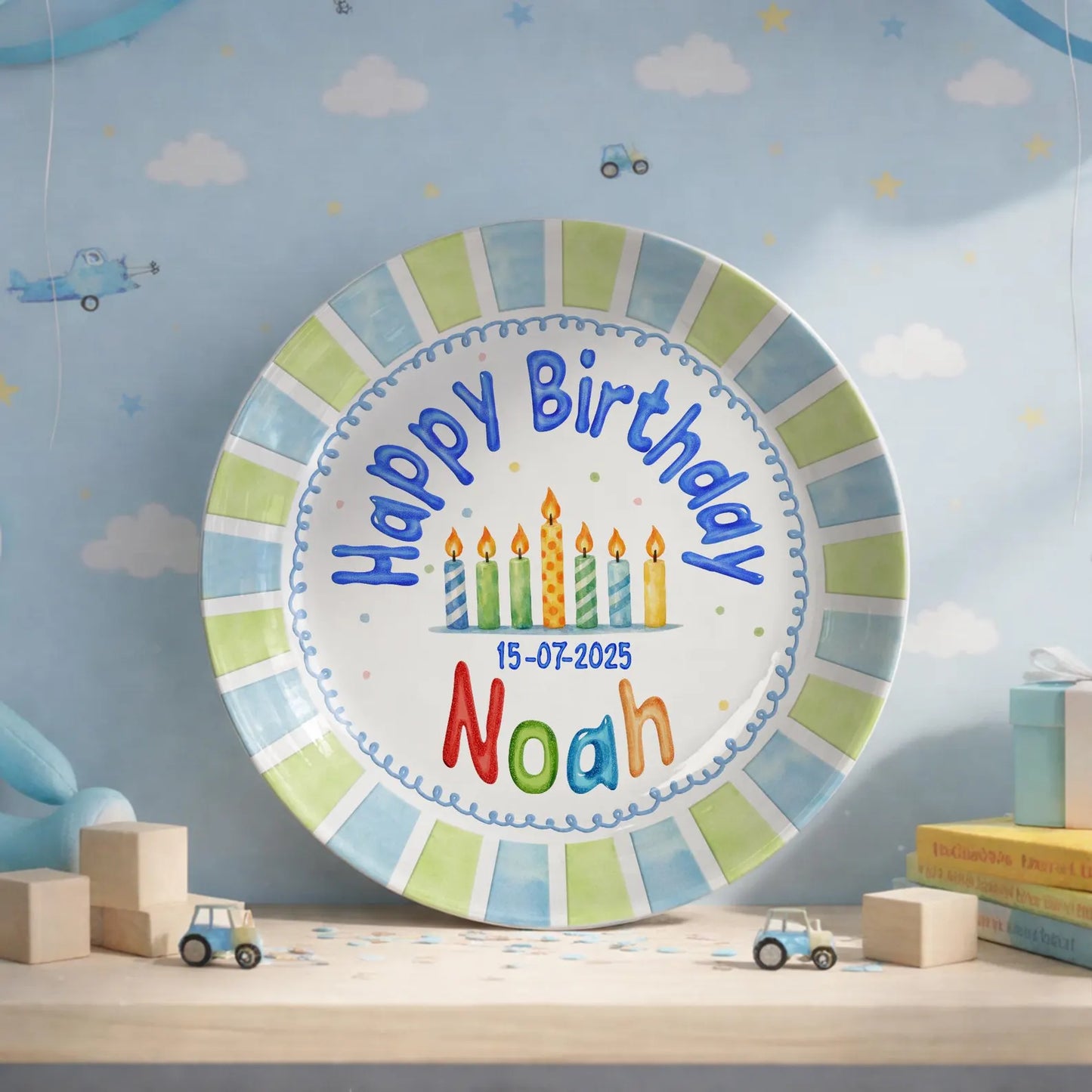 Candles with Blue and Green Block Border Personalized Birthday Plate P113RK30