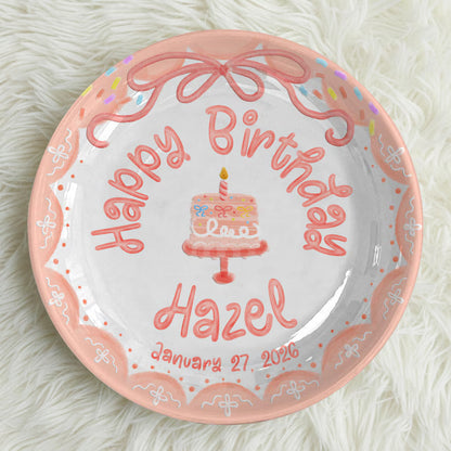 Peach Bow with Cake and Scalloped Border Personalized Birthday Plate P119S2B0