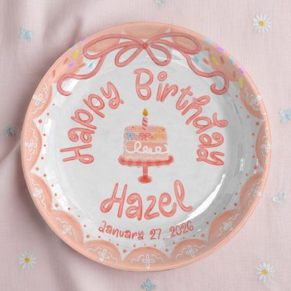 Peach Bow with Cake and Scalloped Border Personalized Birthday Plate P119S2B0