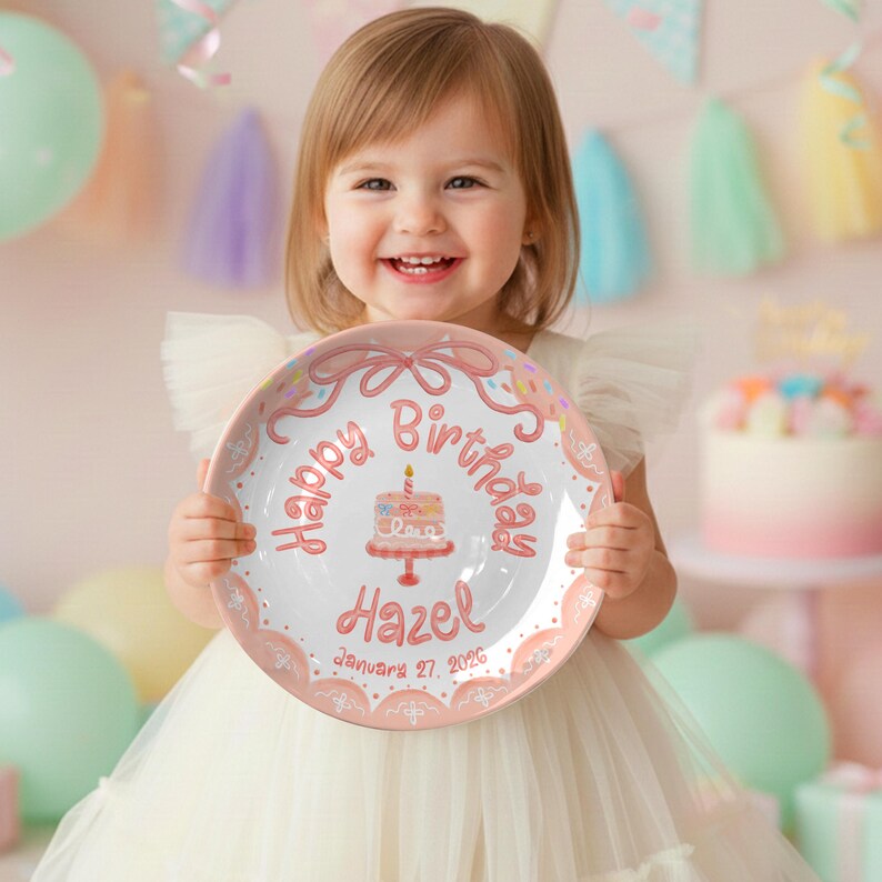 Peach Bow with Cake and Scalloped Border Personalized Birthday Plate P119S2B0
