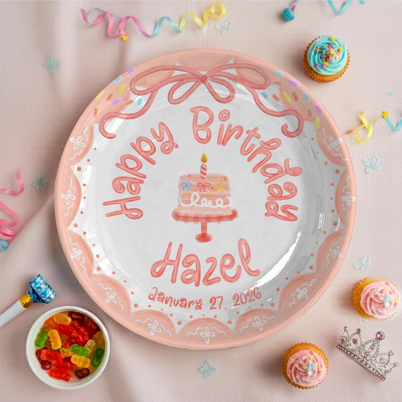 Peach Bow with Cake and Scalloped Border Personalized Birthday Plate P119S2B0