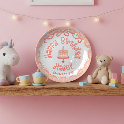 Peach Bow with Cake and Scalloped Border Personalized Birthday Plate P119S2B0