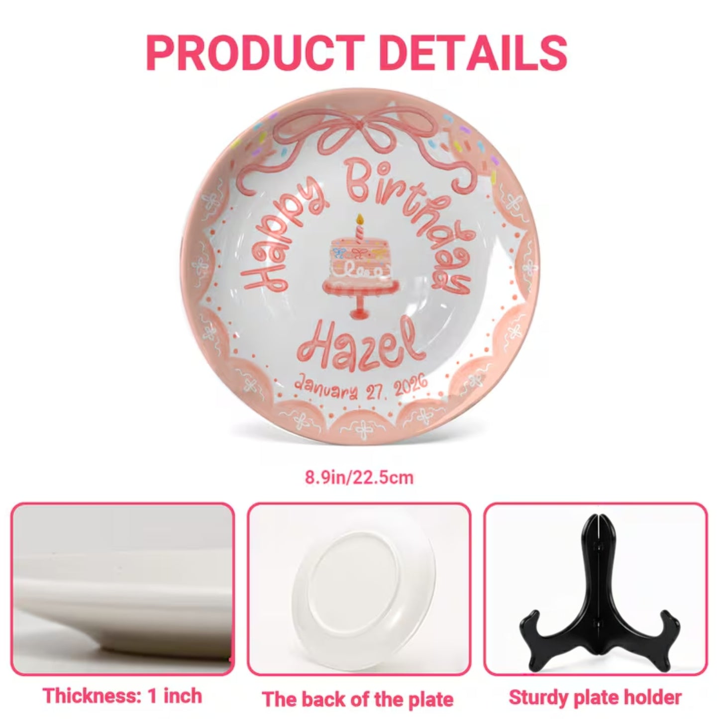 Peach Bow with Cake and Scalloped Border Personalized Birthday Plate P119S2B0