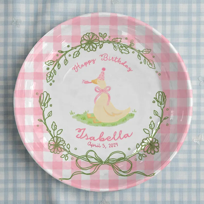 Duck with Pink Checkered Border and Floral Wreath Personalized Birthday Plate P119ZQX0