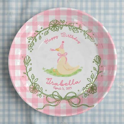 Duck with Pink Checkered Border and Floral Wreath Personalized Birthday Plate P119ZQX0