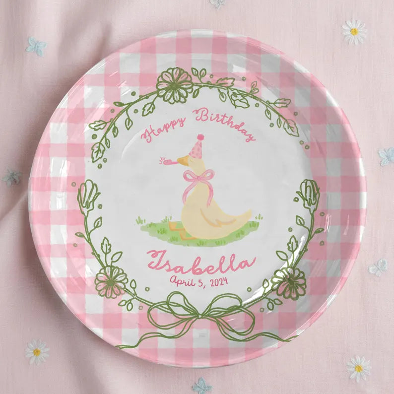 Duck with Pink Checkered Border and Floral Wreath Personalized Birthday Plate P119ZQX0