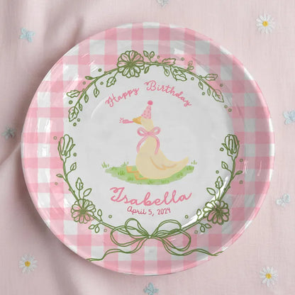 Duck with Pink Checkered Border and Floral Wreath Personalized Birthday Plate P119ZQX0