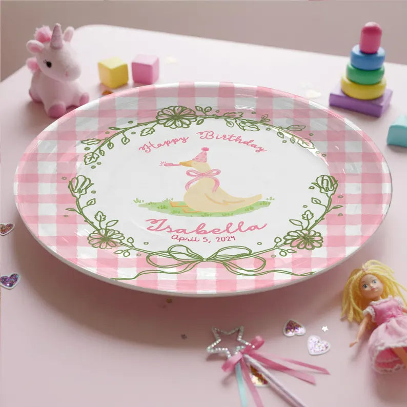 Duck with Pink Checkered Border and Floral Wreath Personalized Birthday Plate P119ZQX0