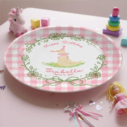 Duck with Pink Checkered Border and Floral Wreath Personalized Birthday Plate P119ZQX0