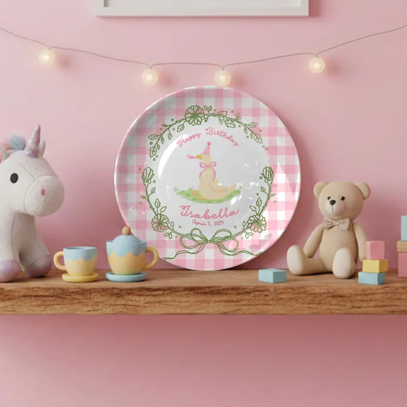 Duck with Pink Checkered Border and Floral Wreath Personalized Birthday Plate P119ZQX0