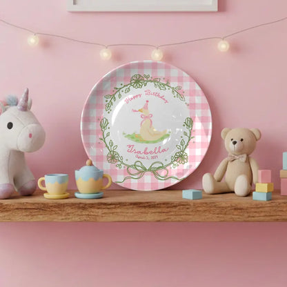 Duck with Pink Checkered Border and Floral Wreath Personalized Birthday Plate P119ZQX0