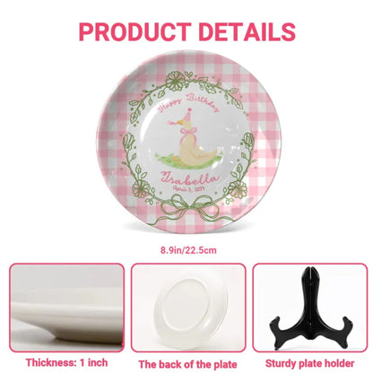 Duck with Pink Checkered Border and Floral Wreath Personalized Birthday Plate P119ZQX0