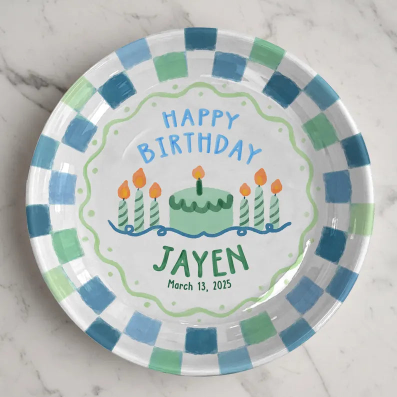 Green Cake with Blue Green Checkered Border Personalized Birthday Plate P119ZUV0