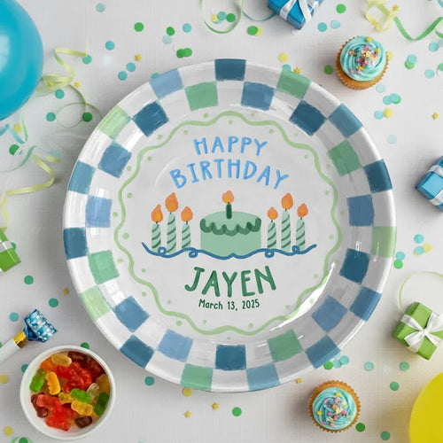 Green Cake with Blue Green Checkered Border Personalized Birthday Plate P119ZUV0
