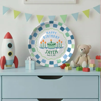 Green Cake with Blue Green Checkered Border Personalized Birthday Plate P119ZUV0