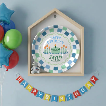 Green Cake with Blue Green Checkered Border Personalized Birthday Plate P119ZUV0