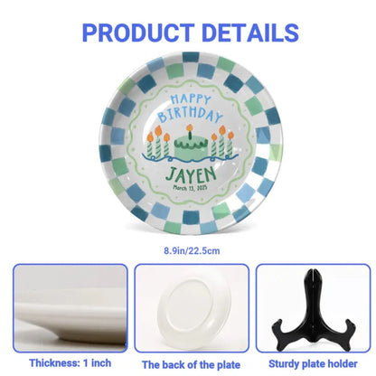 Green Cake with Blue Green Checkered Border Personalized Birthday Plate P119ZUV0