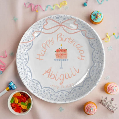 Cake with Peach Bow and Blue Floral Border Personalized Birthday Plate P1235ER0