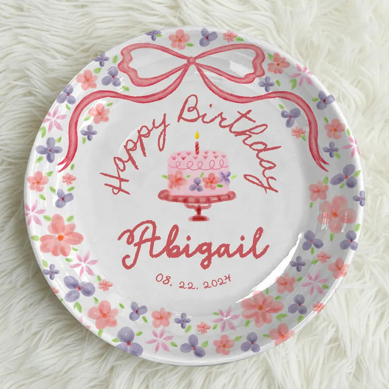 Rose Pink Bow with Floral Border Personalized Birthday Plate P123QQD0