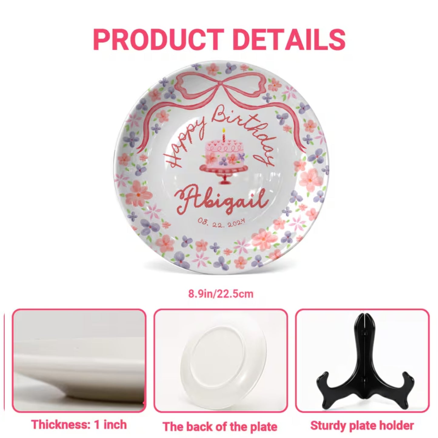 Rose Pink Bow with Floral Border Personalized Birthday Plate P123QQD0