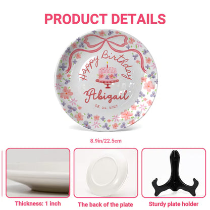 Rose Pink Bow with Floral Border Personalized Birthday Plate P123QQD0