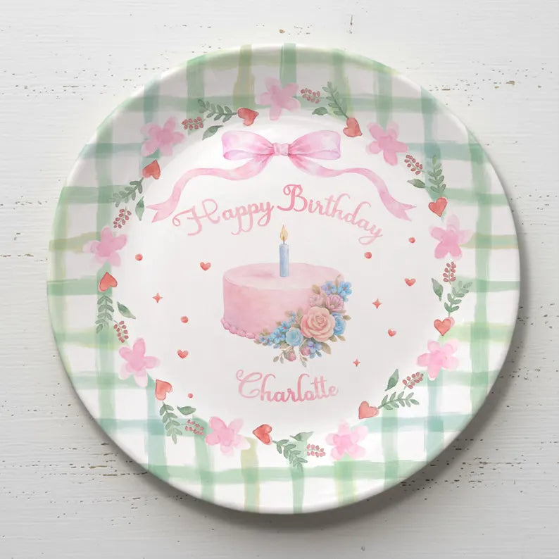 Pink Bow with Green Checkered Border Personalized Birthday Plate P13TQA0