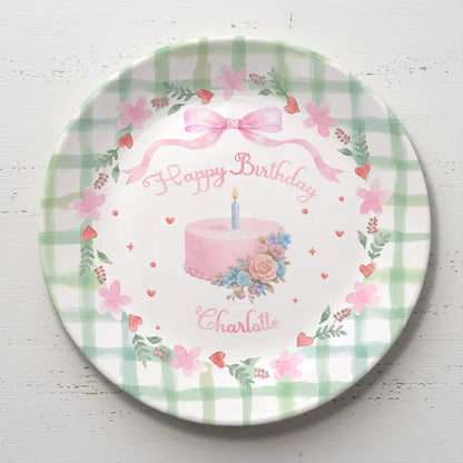 Pink Bow with Green Checkered Border Personalized Birthday Plate P13TQA0