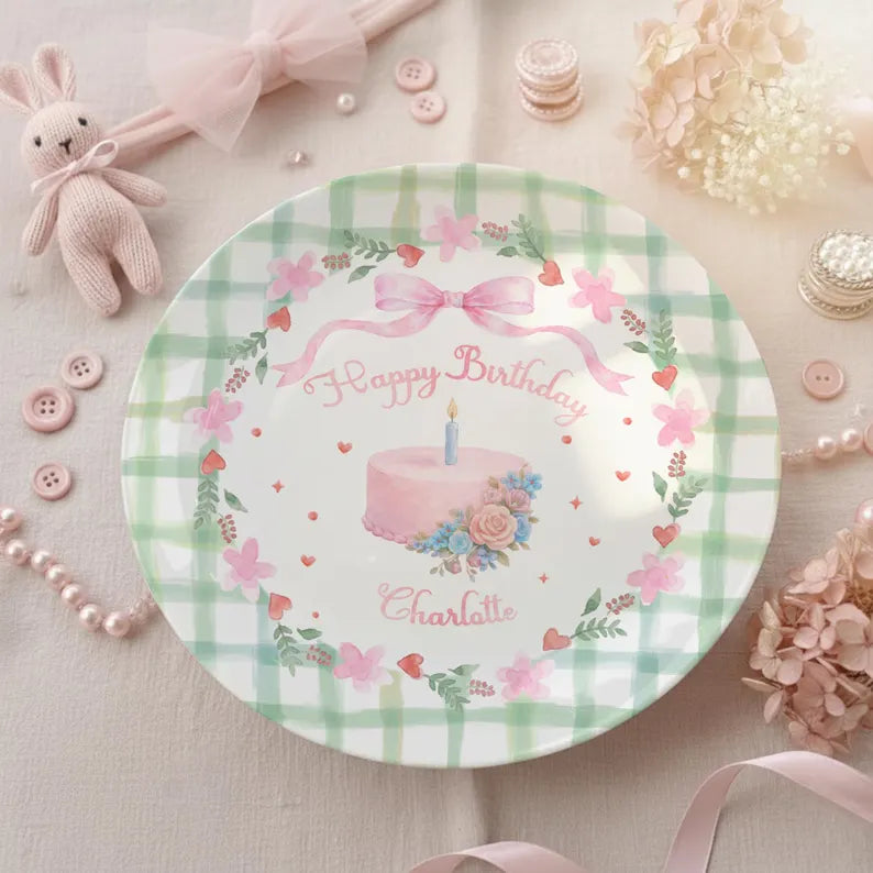 Pink Bow with Green Checkered Border Personalized Birthday Plate P13TQA0