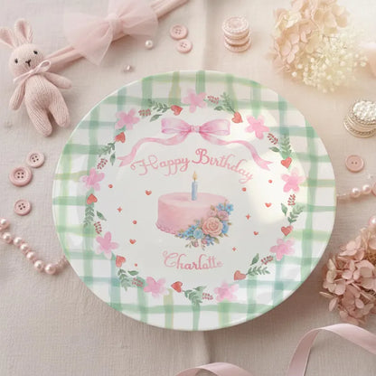 Pink Bow with Green Checkered Border Personalized Birthday Plate P13TQA0