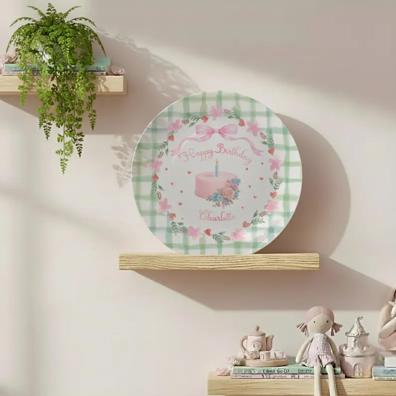 Pink Bow with Green Checkered Border Personalized Birthday Plate P13TQA0