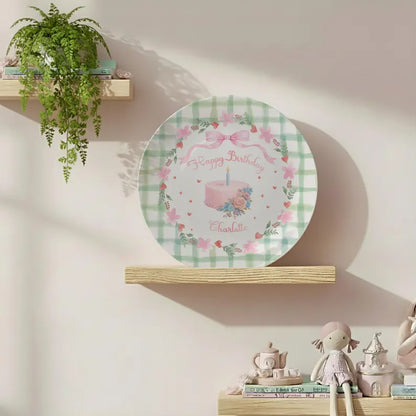Pink Bow with Green Checkered Border Personalized Birthday Plate P13TQA0