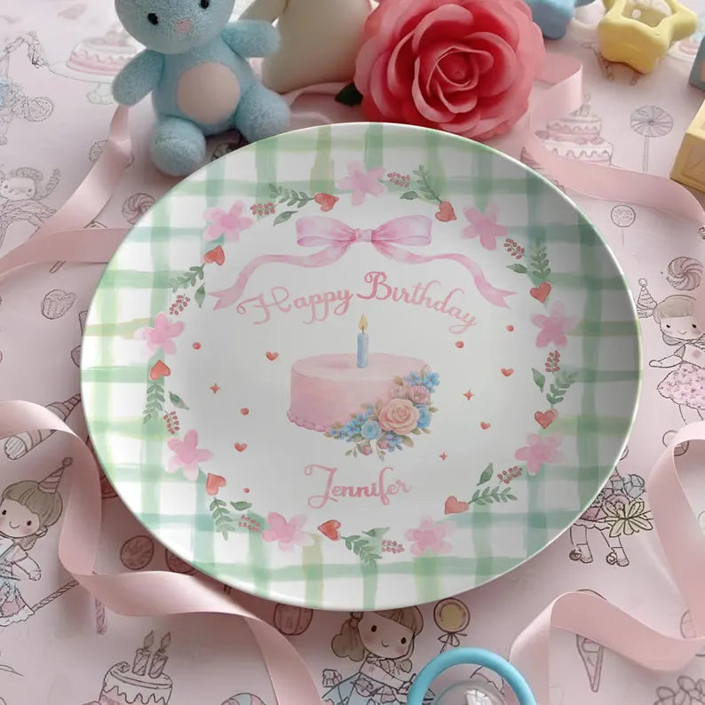 Pink Bow with Green Checkered Border Personalized Birthday Plate P13TQA0