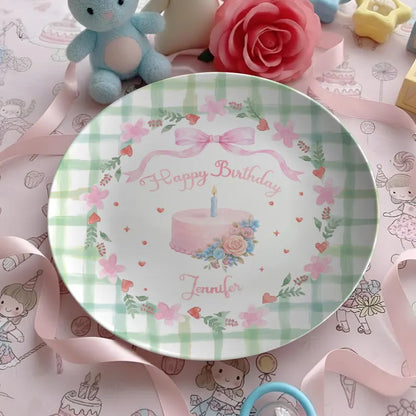 Pink Bow with Green Checkered Border Personalized Birthday Plate P13TQA0